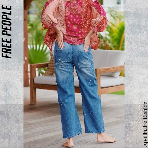 FREE PEOPLE MODERN LOVE PULL ON JEANS BLUE MOTIF PAINT SPLATTER MEDIUM NEW - Picture 3 of 8